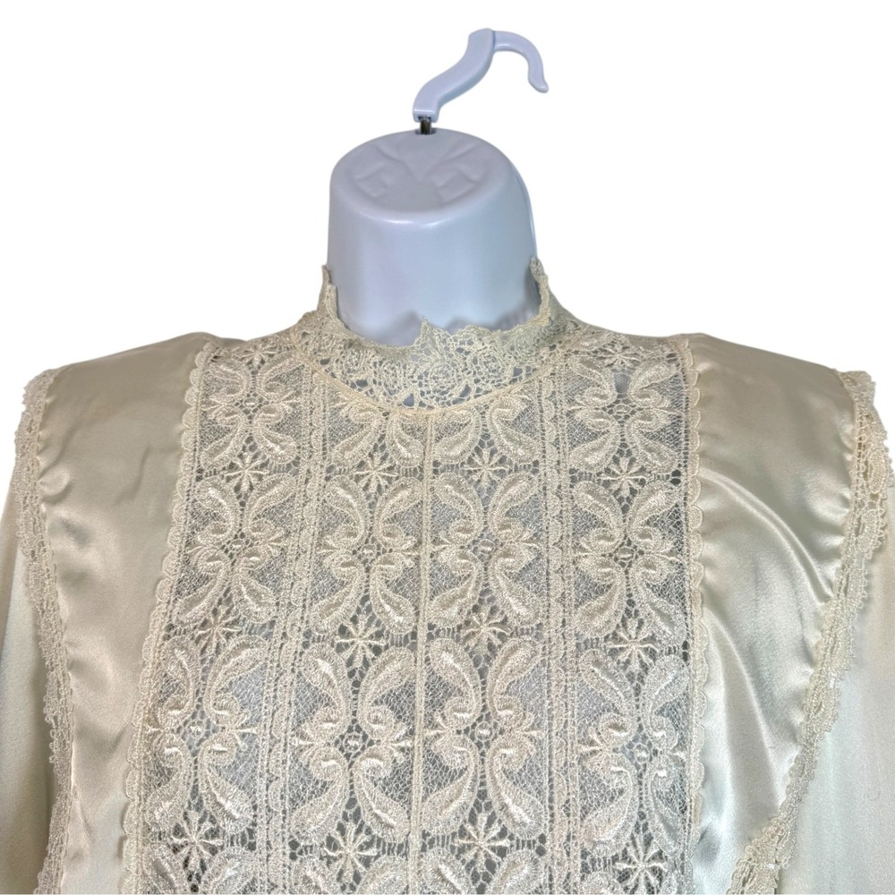 Vintage Satin Sheer Lace Victorian Top M Ivory Lace Mock Neck Prairie Romantic - Picture 3 of 10